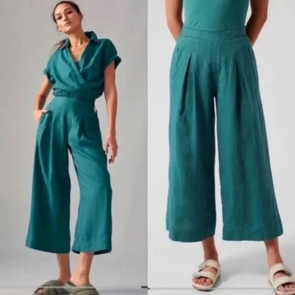 Athleta Playa Linen Wide Leg Crop Borealis Green Teal Size 4 - Picture 1 of 15